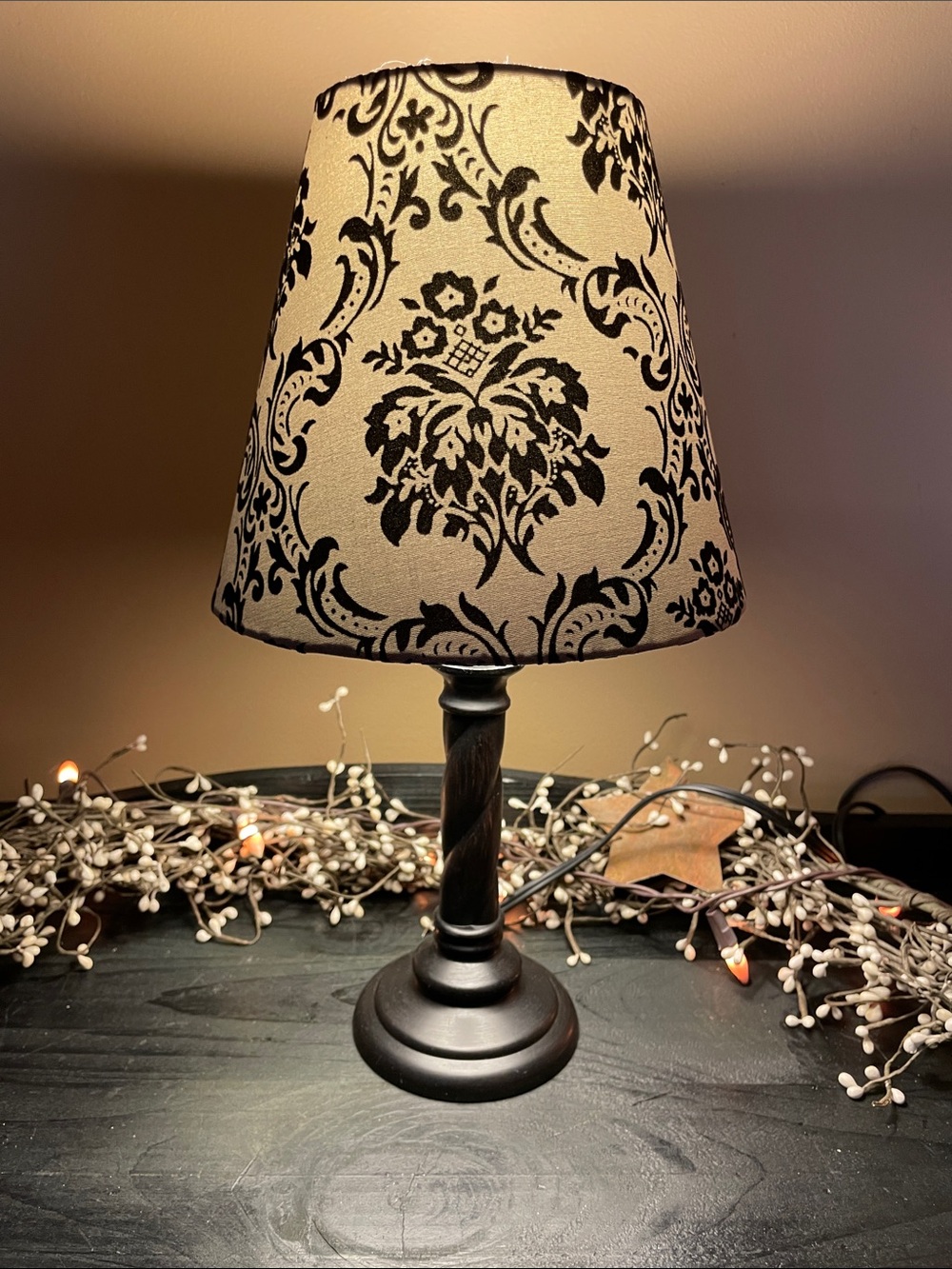 Like New Black and Gray Damask Table Lamp - 15” Tall